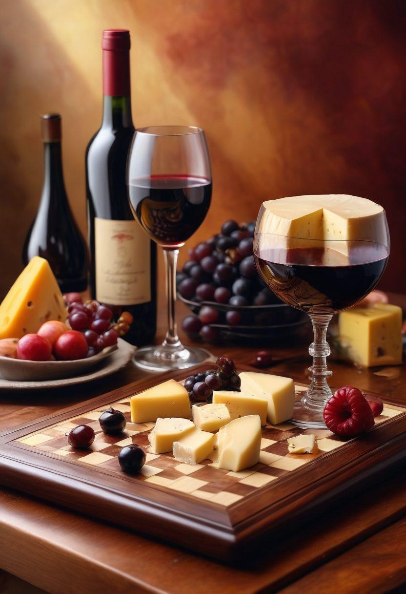 A sophisticated chessboard set up with an elegant wine glass filled with a deep red wine beside it. Surrounding the board are pieces of cheese and fruits, symbolizing a celebration. The background showcases soft, warm lighting creating an inviting atmosphere. A hint of chess strategy notes scattered on the table adds a layer of wisdom to the composition. artistic painting. warm colors. cozy ambiance.