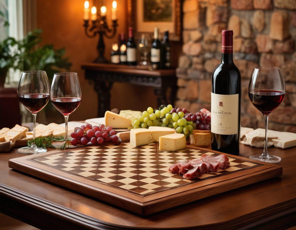 A beautifully arranged chessboard with intricately carved pieces, set against a backdrop of elegant wine bottles and glasses. Soft, warm lighting enhances the scene, highlighting rich red and white wines alongside gourmet cheese and charcuterie. A luxurious wooden table adds depth, with a hint of greenery in the background. The composition invites the viewer to ponder both strategy and savoring fine wine. super-realistic. warm colors. sophisticated ambiance.